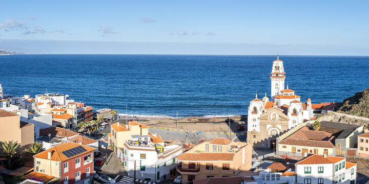 Candelaria on Tenerife island with church seaside holiday panorama in Spain