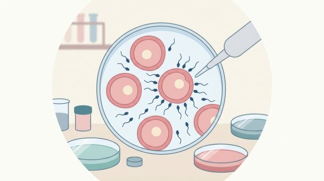 Medical Illustration Showing IVF and Fertility Treatment With Cells and Sperm in Laboratory Setting at a Research Facility