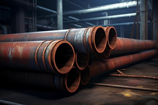 Large rusty industrial pipes are lying on the floor of an abandoned factory or plant