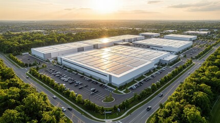 Aerial view of a large modern data center campus with white buildings and solar panels. © Masque