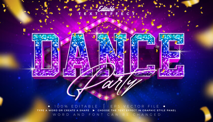 Dance Party Musical Text Effect Design Editable Vector Graphic Style Effect with Disco Ball Pattern and Light Bulb Frame Billboard. Editable Typography Lettering on Falling Gold Confetti Background © articular