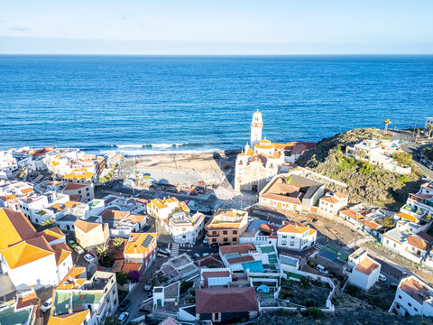 Candelaria on Tenerife island aerial view photo from above with church seaside holiday in Spain