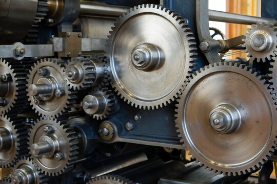 Metal gears and machine mechanism close up