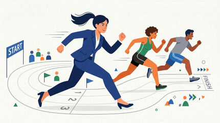 Obraz premium Race to the Finish: A dynamic illustration captures a group of determined individuals in a spirited race, symbolizing ambition, competition, and the pursuit of goals. 