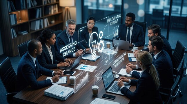 Professionals in a business meeting discussing change management strategies with digital visual aids.