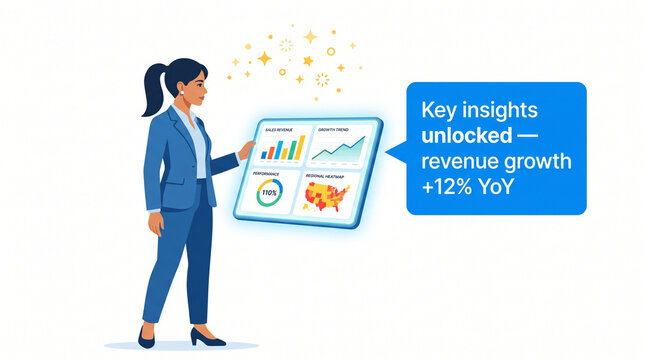 Data-Driven insights: A female executive examines data analytics to inform strategies and unlock revenue growth. The visual representation conveys efficiency, growth and business solutions.