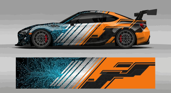 Orange and blue circuit racing car vinyl wrap design