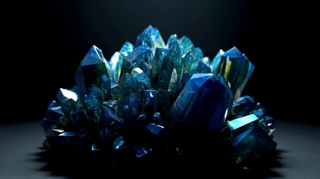 Ultra Detailed Macro Photography of Brilliant Deep Blue Crystal Geode Formation Cluster on Solid Black Backdrop Natural Mineral Gems