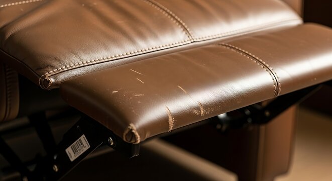 Worn brown leather recliner footrest with scratches and signs of aging.