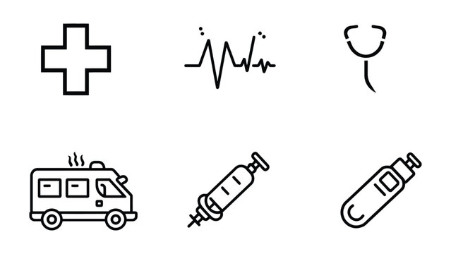 Health Symbols Collection: An array of essential health symbols, each a cornerstone of care and well-being. Includes the medical cross, electrocardiogram, stethoscope, ambulance, syringe.