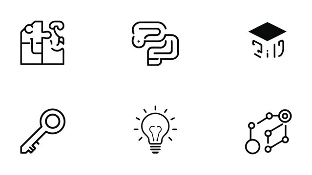Digital Icon Set: A collection of meticulously crafted digital icons, including a puzzle, the Python symbol, a graduation cap, a key, a lightbulb, and a network structure.