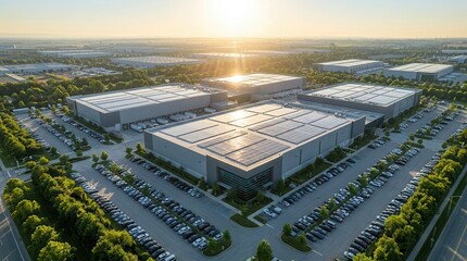 Modern data center campus featuring solar panels on building rooftops. © Masque