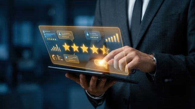 Digital rating concept showing a customer centric review and rating system on a tablet.