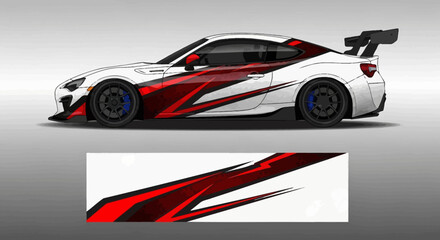Obraz premium White sports car with red and black racing wrap design