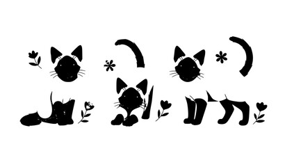 Fototapeta premium Cute Siamese kitten set with blue eyes and flowers cartoon pet characters isolated on white background