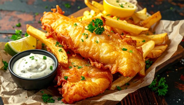 crispy fish and chips with tartar sauce, classic British style, rustic wooden background