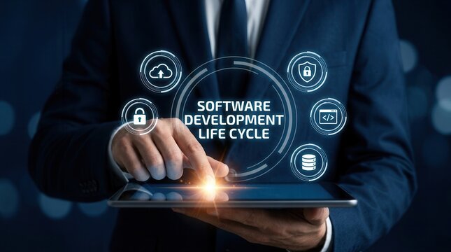 Business professional demonstrating the software development life cycle concept with icons on a digital tablet.
