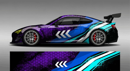 Obraz premium Abstract purple and blue geometric car wrap design illustration