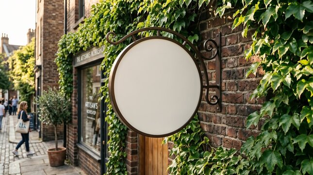Blank round hanging outdoor shop sign mockup on a brick wall with green ivy leaves