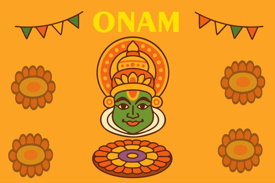 Onam Celebration Vector with Kathakali Face & Floral Rangoli
