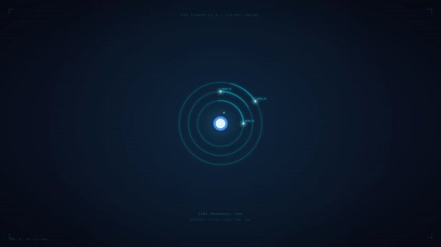 A digital visualization of atomic structure with concentric orbitals surrounding a central nucleus