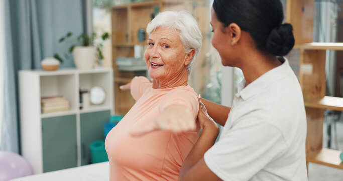Physiotherapist, old woman and stretching with arms, smile or support with recovery for injury. People, physical therapy and guide with balance for circulation, mobility and assessment in retirement