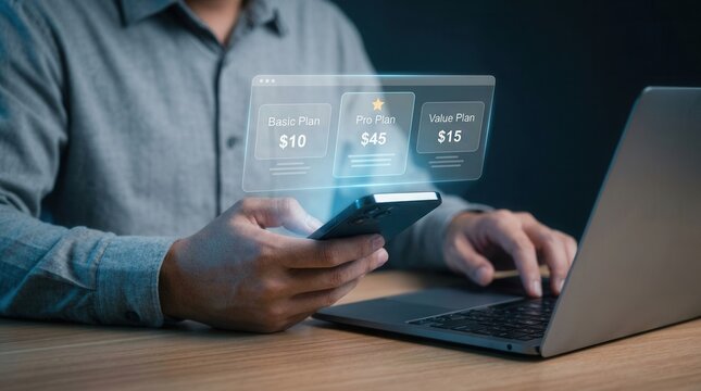 Person managing online subscription plans using a smartphone and laptop for recurring billing.