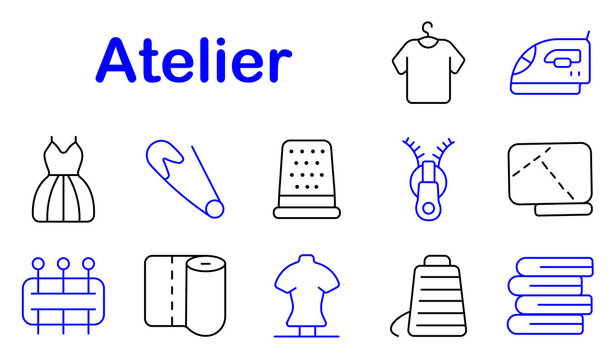 Atelier tailoring set icon. Line style icons display dress garment, safety pin, thimble tool, zipper detail, pattern board, pin cushion, fabric roll, mannequin form, sewing machine