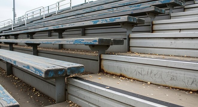 Empty weathered wooden bleachers in an outdoor sports stadium.