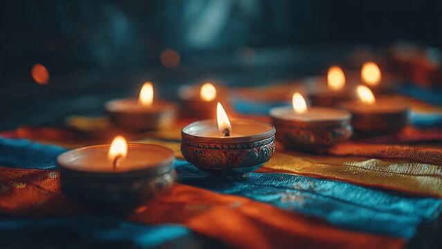 Glowing candles on colorful fabric with peaceful warm atmosphere