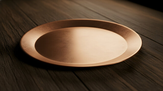 Copper plate on wooden table surface.