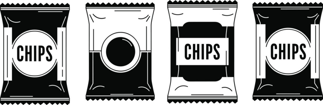 Professional Silhouette Collection of Potato Chip Snack Bags and Packaging IconsProfessional Silhouette Collection of Potato Chip Snack Bags and Packaging Icons