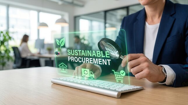 A professional examines digital icons for sustainable procurement in a modern office setting.