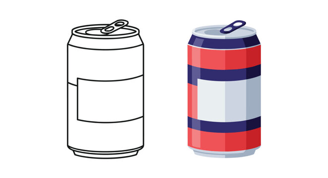 Outline and colored illustrations of a soda beverage can with a pull tab representing soft drinks, energy drinks, and aluminum packaging design.