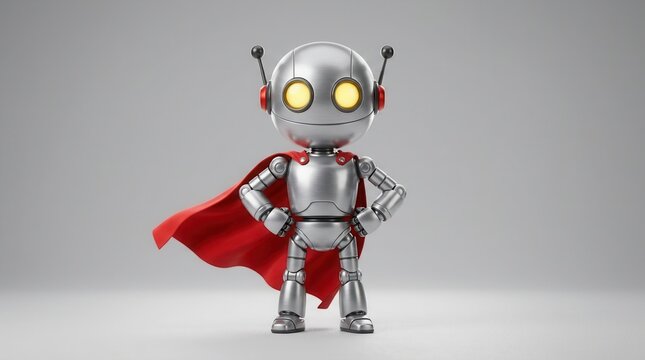Cute silver robot character wearing a red cape in a hero pose.