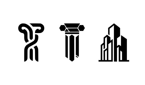 Three Pillar Logo Template Set Black and White Law Justice Architecture Vector Collection