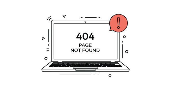 Illustration of a laptop computer displaying a 404 Page Not Found error message with a red alert notification bubble.
