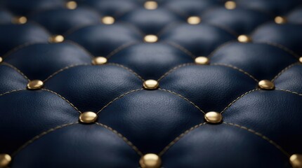 Fototapeta premium Close-up of deep navy blue quilted leather with diamond stitching and gold buttons.