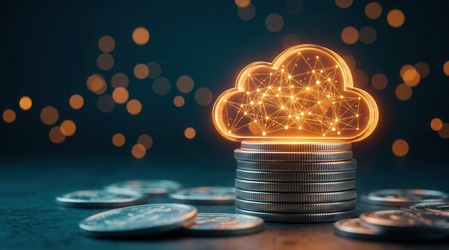Cloud computing cost efficiency and savings represented by a glowing cloud icon on stacked coins.
