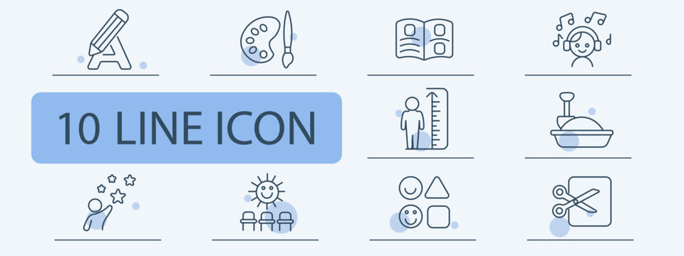 Education learning set icon. Pencil palette book headphones growth chart sand table stars sun shapes scissors school children activity.