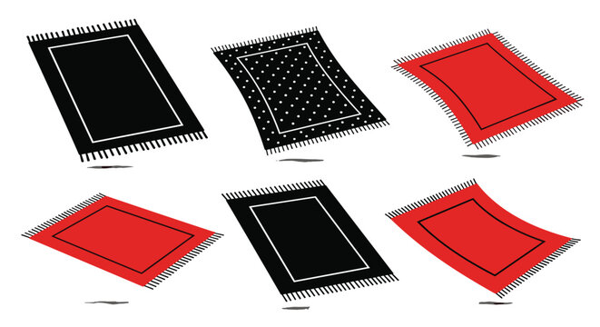 Illustrations of magic flying carpets in black and red colors with various patterns and perspective views for fantasy story concepts.