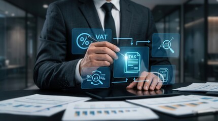 Fototapeta premium Financial regulation and tax compliance concept with VAT and auditing icons.