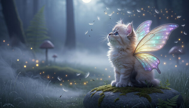 A magical fluffy kitten with iridescent fairy wings sits on a mossy rock in an enchanted, foggy forest at night with glowing lights and floating feathers.