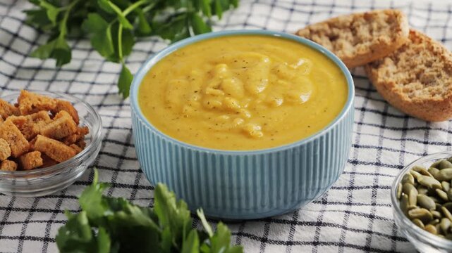 Creamy vegetable soup with bread, seed pumpkin, herbs, rusks. Table served with homemade food. High quality 4k footage