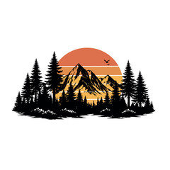 Obraz premium Mountains, forest landscape vector silhouette with orange sun
