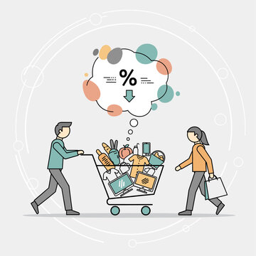 A couple pushes a shopping cart filled with groceries and goods, thinking about a discount percentage.