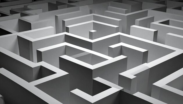 Abstract aerial view of a white maze showing complex geometric walls and shadows representing a conceptual challenge of finding a solution path.