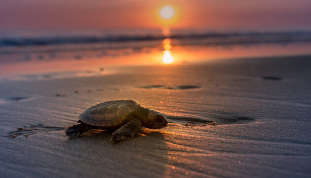 A tiny sea turtle hatchling crawls across a sandy beach towards the ocean at sunrise, with the warm glow of the sun reflecting on the water.