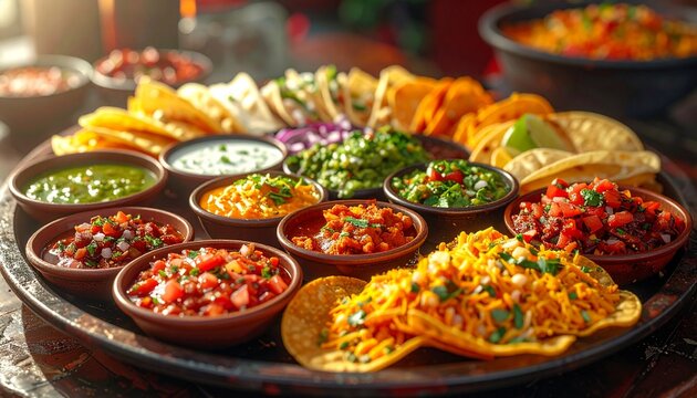 A delicious mexican inspired appetizer platter featuring crispy corn tortilla chips with various bowls of fresh salsa guacamole and melted cheese.