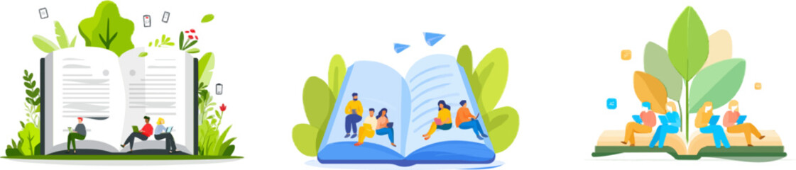 Fototapeta premium In a serene digital library, diverse individuals immerse themselves in giant open books adorned with flying icons, surrounded by lush greenery and minimalist vector design elements